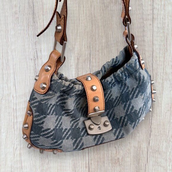 Gaetano Navarra Houndstooth Plaid Jacquard Canvas Leather Shoulder Bag Stud Y2K - Picture 3 of 7